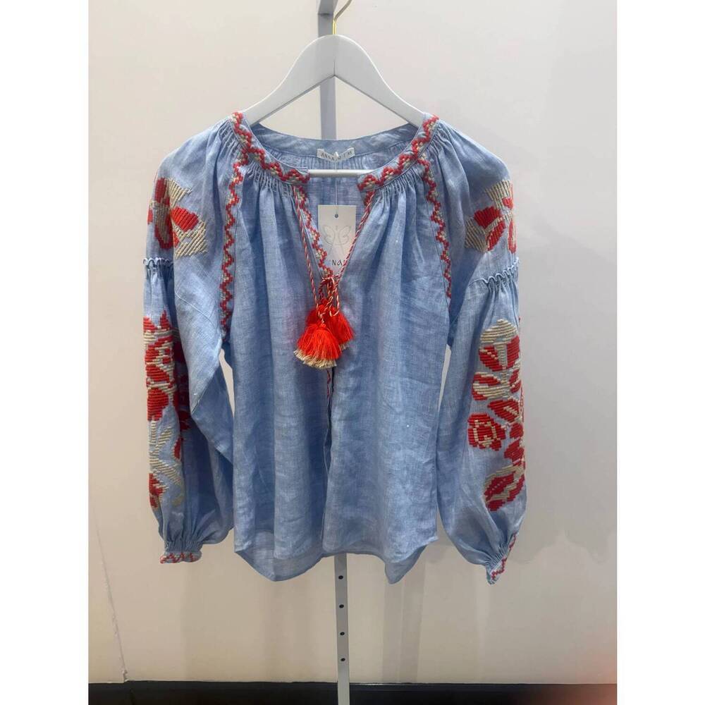 NEW ANNABO women's pixel rose blouse in light blue